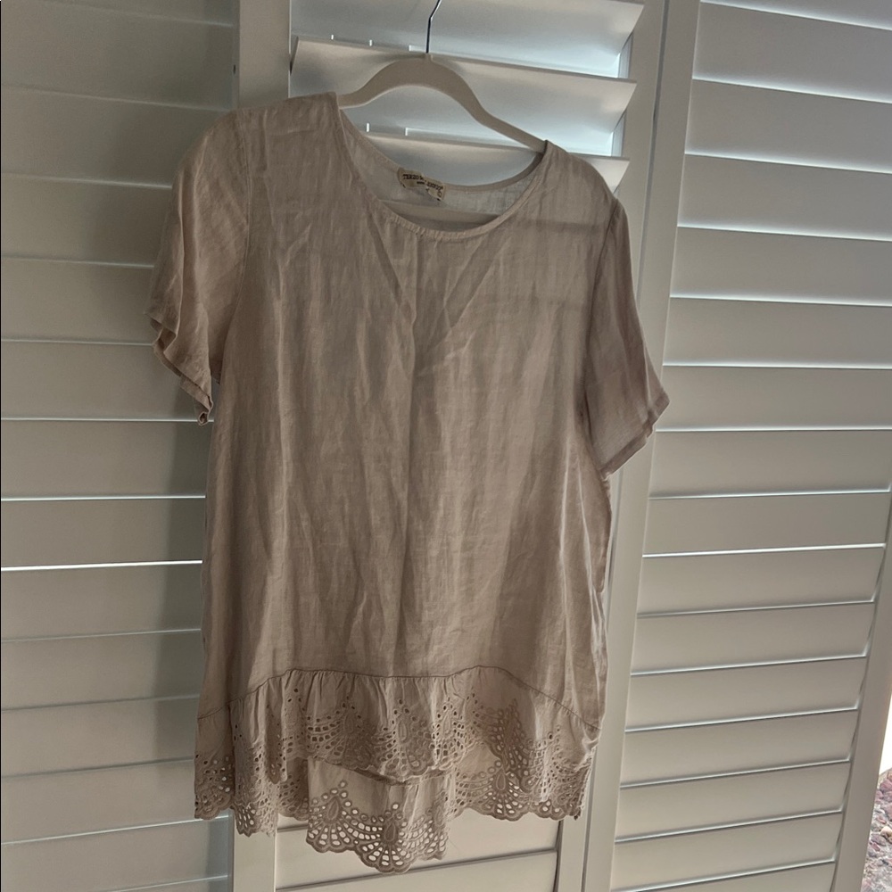 Chic Beige Lace Trim Women's Blouse
